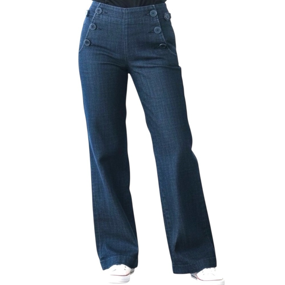 Banana Republic Classic Wide Leg Trouser Jean Indigo Covered Buttons Hip Detail